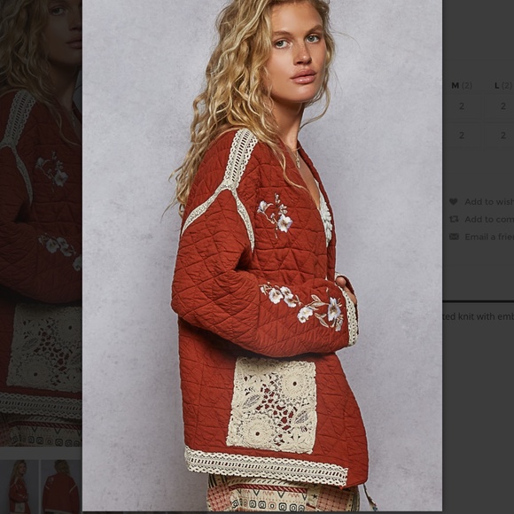 Embroidered Open-Front Quilted Cardigan - Rust - Picture 3 of 5